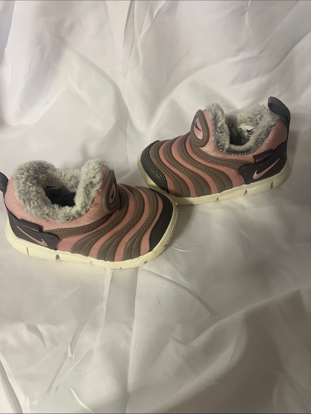 Nike Kids Pink and Gray Fuzzy-Lined Slip-On Sneakers